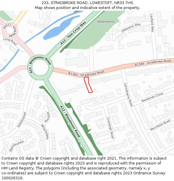 233, STRADBROKE ROAD, LOWESTOFT, NR33 7HS: Location map and indicative extent of plot