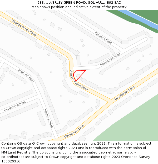 233, ULVERLEY GREEN ROAD, SOLIHULL, B92 8AD: Location map and indicative extent of plot