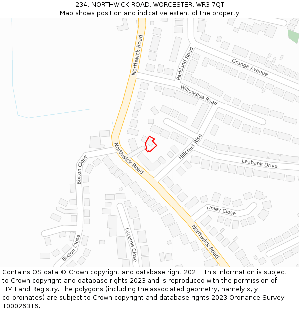 234, NORTHWICK ROAD, WORCESTER, WR3 7QT: Location map and indicative extent of plot