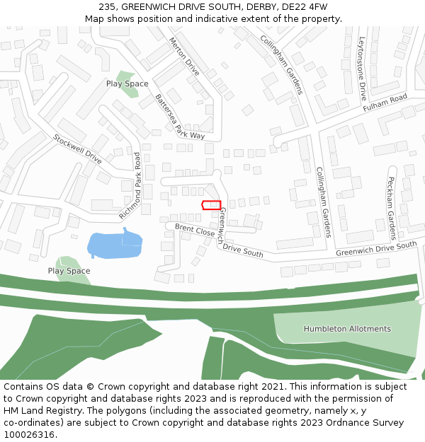 235, GREENWICH DRIVE SOUTH, DERBY, DE22 4FW: Location map and indicative extent of plot