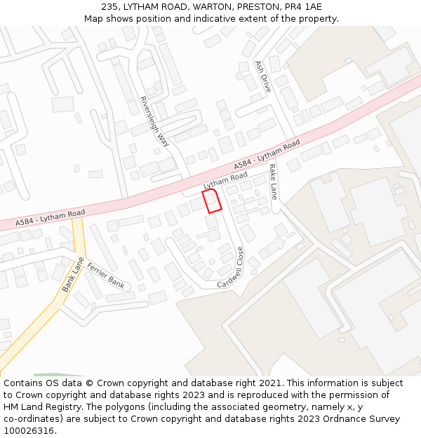 235, LYTHAM ROAD, WARTON, PRESTON, PR4 1AE: Location map and indicative extent of plot
