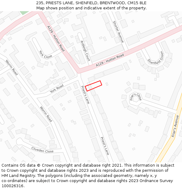 235, PRIESTS LANE, SHENFIELD, BRENTWOOD, CM15 8LE: Location map and indicative extent of plot