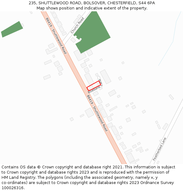 235, SHUTTLEWOOD ROAD, BOLSOVER, CHESTERFIELD, S44 6PA: Location map and indicative extent of plot