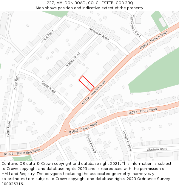237, MALDON ROAD, COLCHESTER, CO3 3BQ: Location map and indicative extent of plot