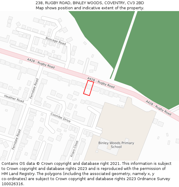 238, RUGBY ROAD, BINLEY WOODS, COVENTRY, CV3 2BD: Location map and indicative extent of plot