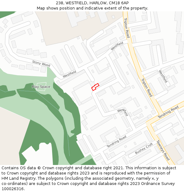 238, WESTFIELD, HARLOW, CM18 6AP: Location map and indicative extent of plot