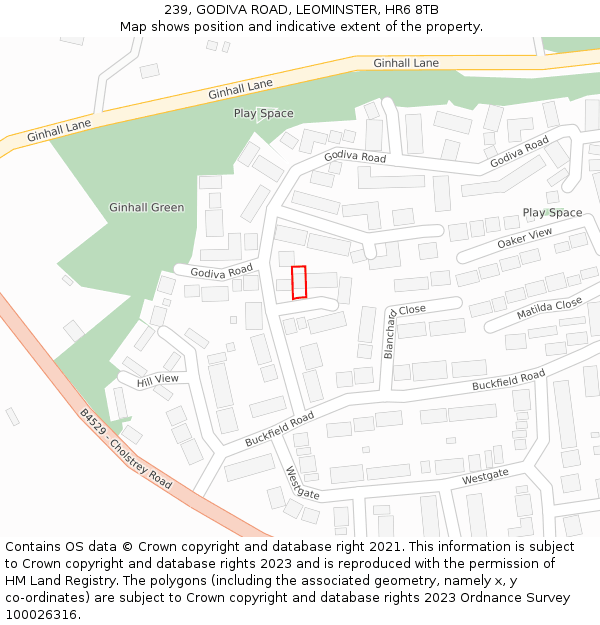 239, GODIVA ROAD, LEOMINSTER, HR6 8TB: Location map and indicative extent of plot
