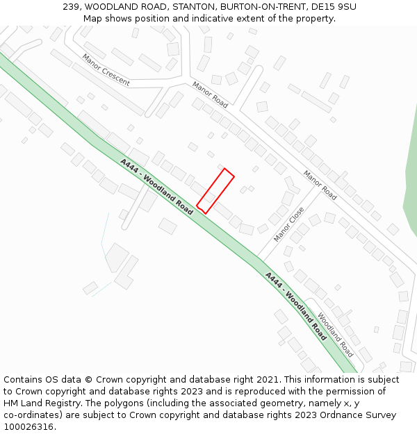239, WOODLAND ROAD, STANTON, BURTON-ON-TRENT, DE15 9SU: Location map and indicative extent of plot
