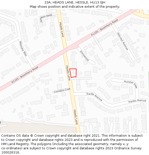 23A, HEADS LANE, HESSLE, HU13 0JH: Location map and indicative extent of plot