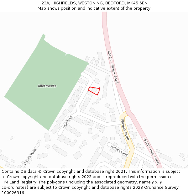 23A, HIGHFIELDS, WESTONING, BEDFORD, MK45 5EN: Location map and indicative extent of plot