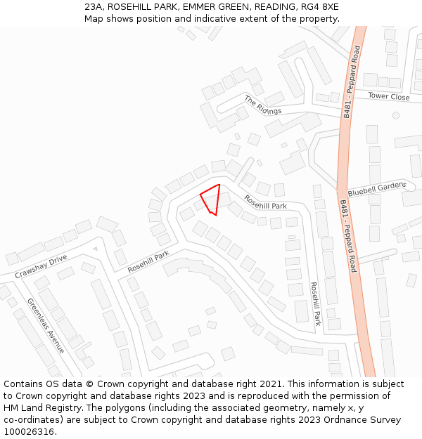 23A, ROSEHILL PARK, EMMER GREEN, READING, RG4 8XE: Location map and indicative extent of plot