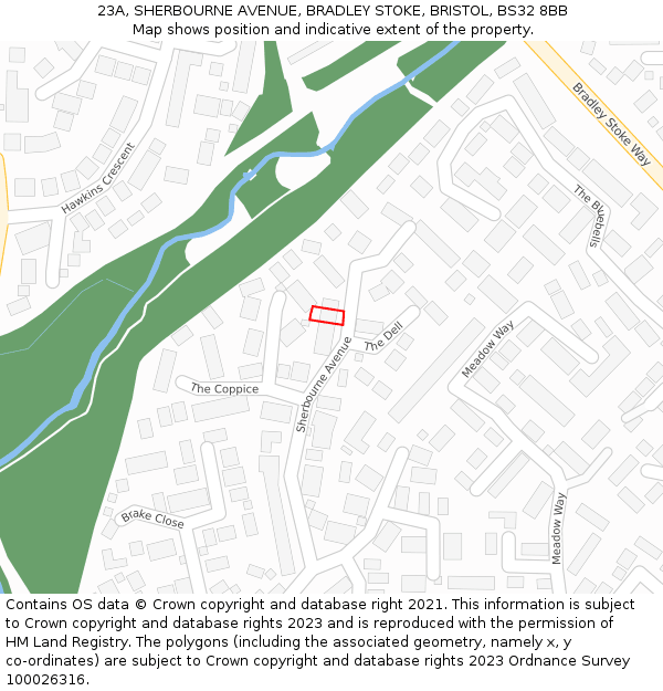 23A, SHERBOURNE AVENUE, BRADLEY STOKE, BRISTOL, BS32 8BB: Location map and indicative extent of plot