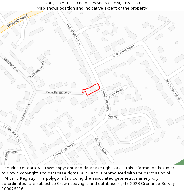 23B, HOMEFIELD ROAD, WARLINGHAM, CR6 9HU: Location map and indicative extent of plot