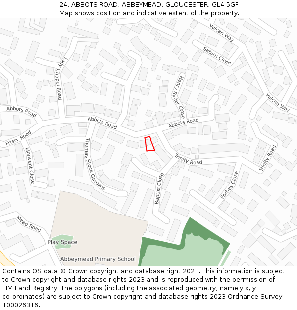 24, ABBOTS ROAD, ABBEYMEAD, GLOUCESTER, GL4 5GF: Location map and indicative extent of plot