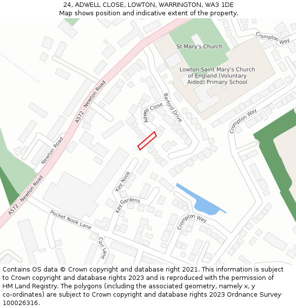24, ADWELL CLOSE, LOWTON, WARRINGTON, WA3 1DE: Location map and indicative extent of plot