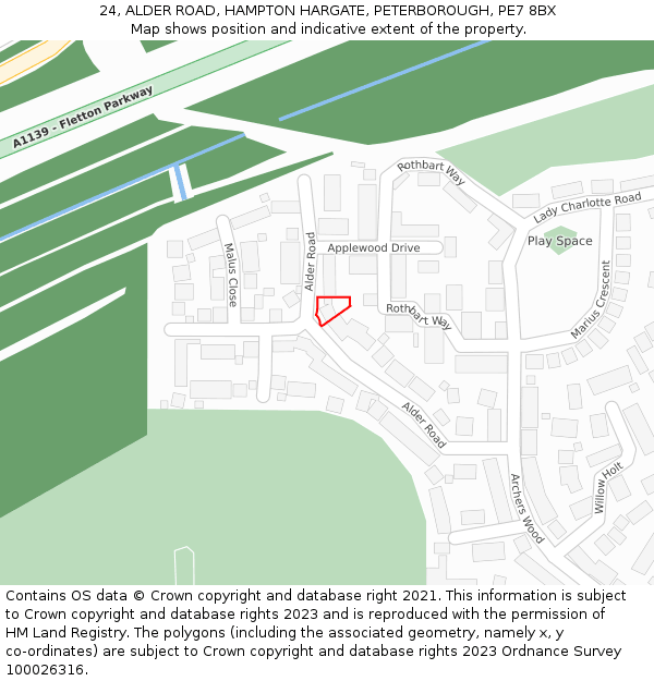 24, ALDER ROAD, HAMPTON HARGATE, PETERBOROUGH, PE7 8BX: Location map and indicative extent of plot