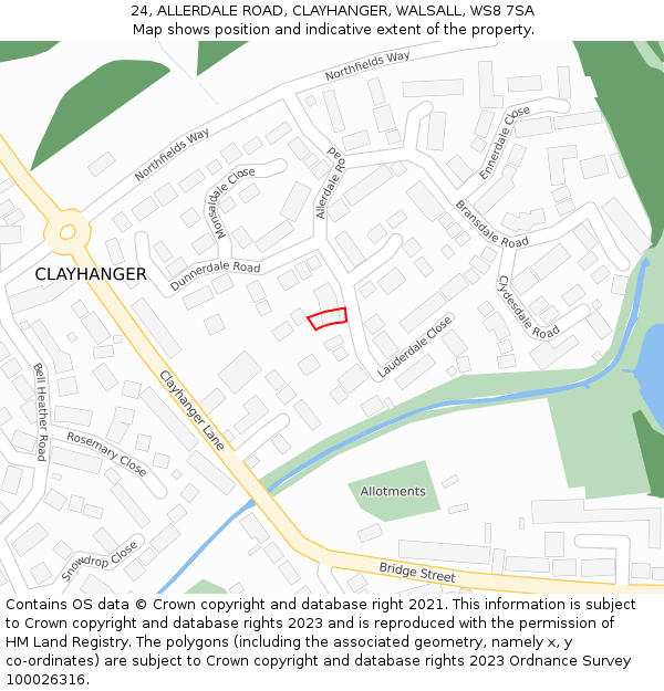 24, ALLERDALE ROAD, CLAYHANGER, WALSALL, WS8 7SA: Location map and indicative extent of plot
