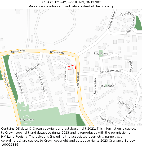 24, APSLEY WAY, WORTHING, BN13 3RE: Location map and indicative extent of plot