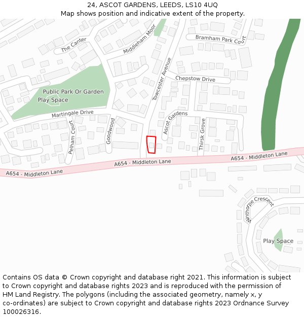 24, ASCOT GARDENS, LEEDS, LS10 4UQ: Location map and indicative extent of plot