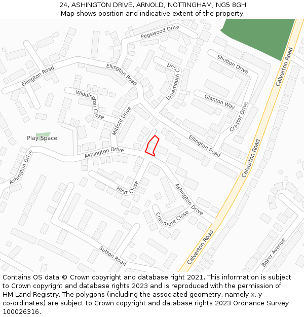 24, ASHINGTON DRIVE, ARNOLD, NOTTINGHAM, NG5 8GH: Location map and indicative extent of plot