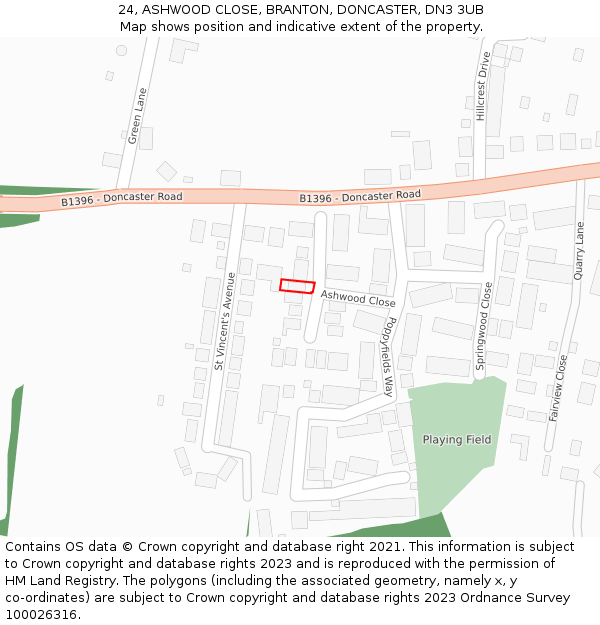 24, ASHWOOD CLOSE, BRANTON, DONCASTER, DN3 3UB: Location map and indicative extent of plot