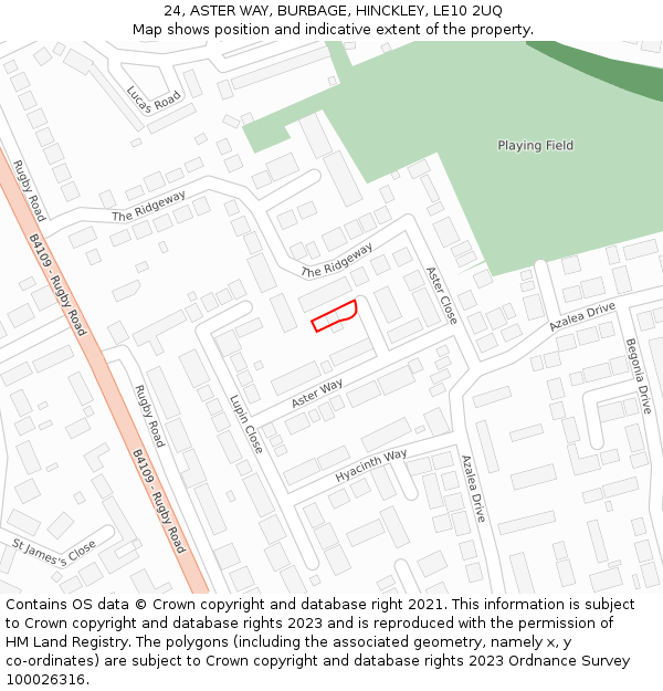 24, ASTER WAY, BURBAGE, HINCKLEY, LE10 2UQ: Location map and indicative extent of plot