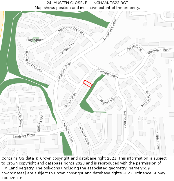 24, AUSTEN CLOSE, BILLINGHAM, TS23 3GT: Location map and indicative extent of plot
