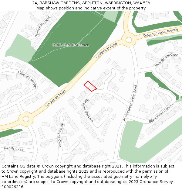 24, BARSHAW GARDENS, APPLETON, WARRINGTON, WA4 5FA: Location map and indicative extent of plot