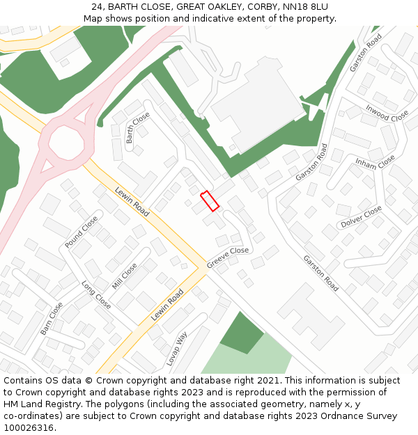 24, BARTH CLOSE, GREAT OAKLEY, CORBY, NN18 8LU: Location map and indicative extent of plot