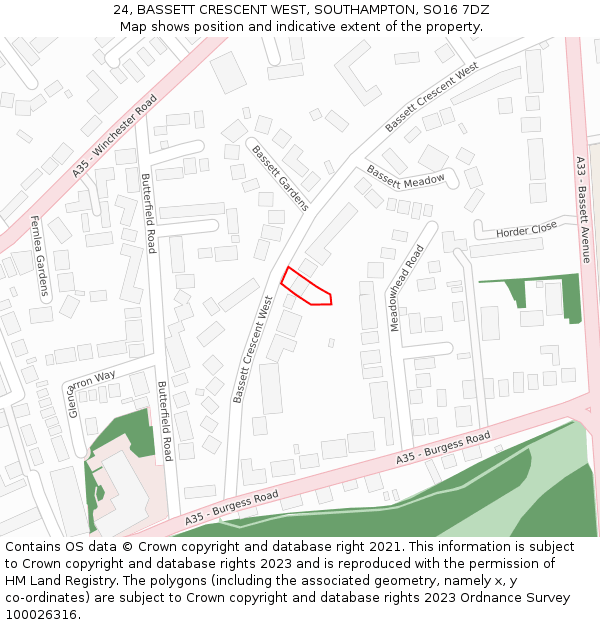 24, BASSETT CRESCENT WEST, SOUTHAMPTON, SO16 7DZ: Location map and indicative extent of plot