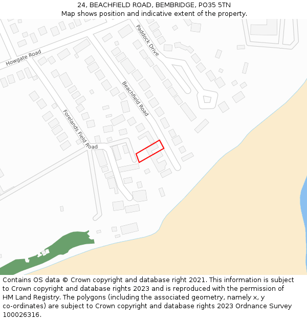 24, BEACHFIELD ROAD, BEMBRIDGE, PO35 5TN: Location map and indicative extent of plot