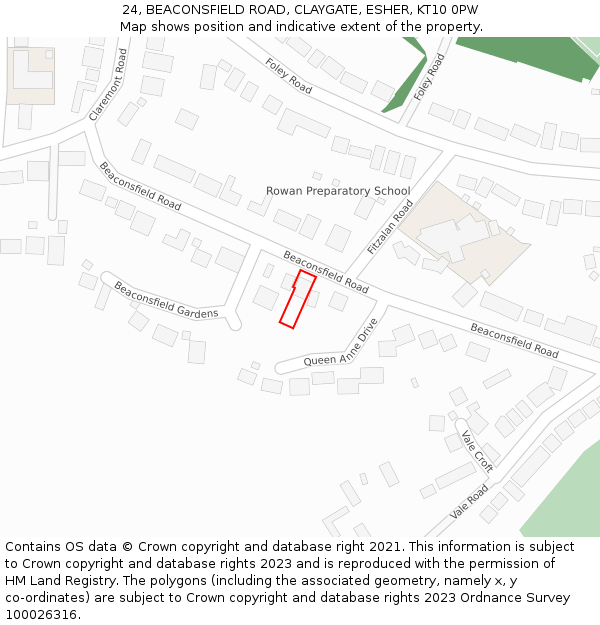 24, BEACONSFIELD ROAD, CLAYGATE, ESHER, KT10 0PW: Location map and indicative extent of plot