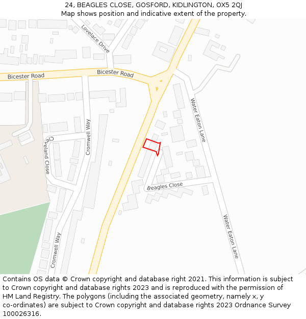 24, BEAGLES CLOSE, GOSFORD, KIDLINGTON, OX5 2QJ: Location map and indicative extent of plot