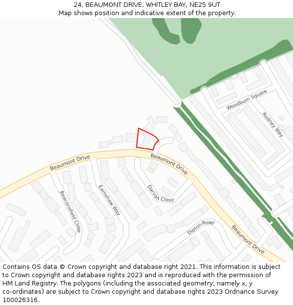 24, BEAUMONT DRIVE, WHITLEY BAY, NE25 9UT: Location map and indicative extent of plot