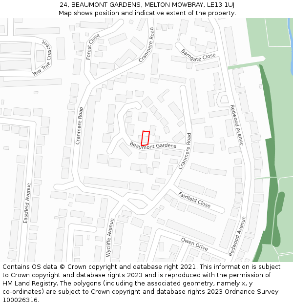 24, BEAUMONT GARDENS, MELTON MOWBRAY, LE13 1UJ: Location map and indicative extent of plot