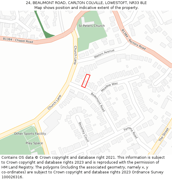 24, BEAUMONT ROAD, CARLTON COLVILLE, LOWESTOFT, NR33 8LE: Location map and indicative extent of plot