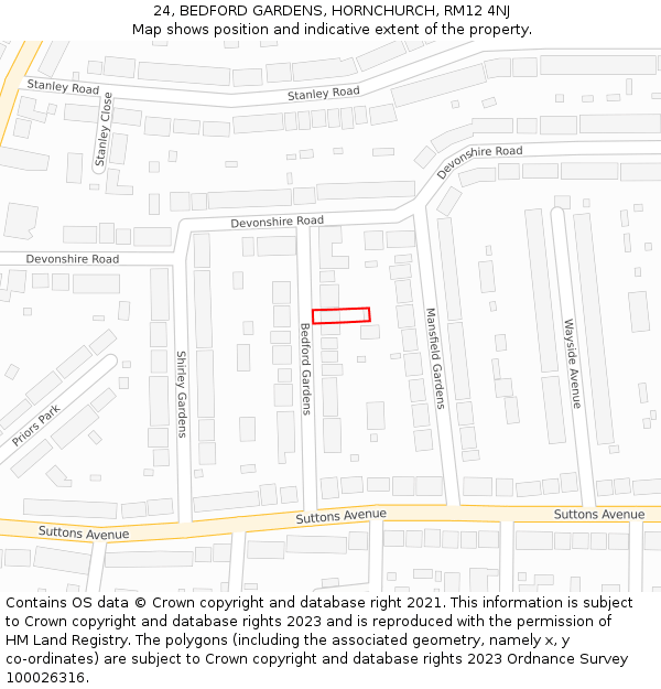 24, BEDFORD GARDENS, HORNCHURCH, RM12 4NJ: Location map and indicative extent of plot