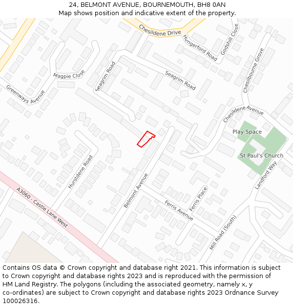 24, BELMONT AVENUE, BOURNEMOUTH, BH8 0AN: Location map and indicative extent of plot