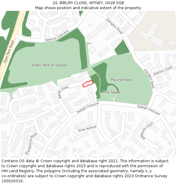 24, BIBURY CLOSE, WITNEY, OX28 5GB: Location map and indicative extent of plot