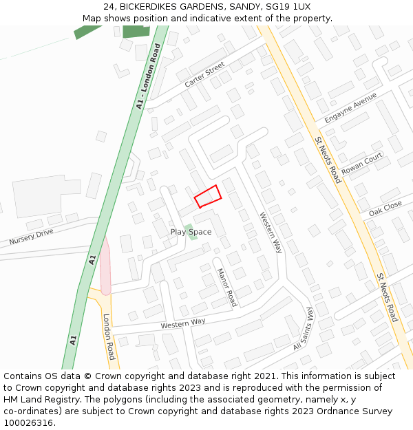 24, BICKERDIKES GARDENS, SANDY, SG19 1UX: Location map and indicative extent of plot