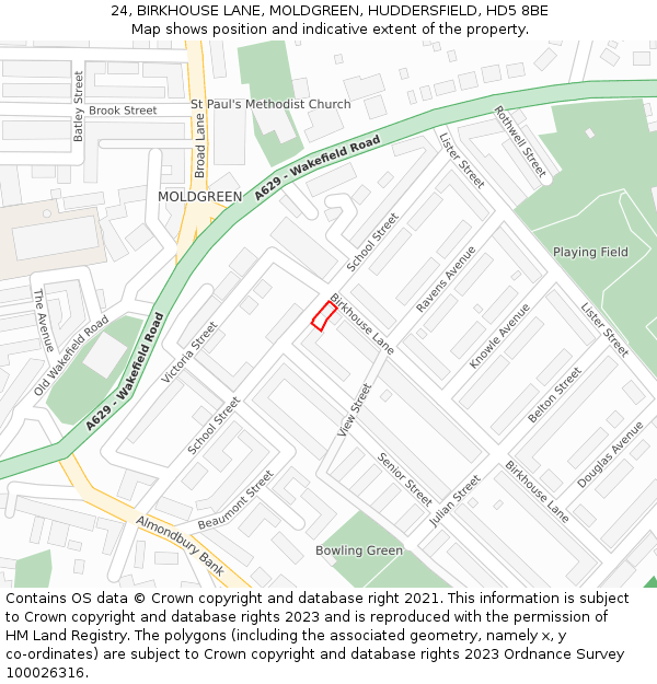 24, BIRKHOUSE LANE, MOLDGREEN, HUDDERSFIELD, HD5 8BE: Location map and indicative extent of plot