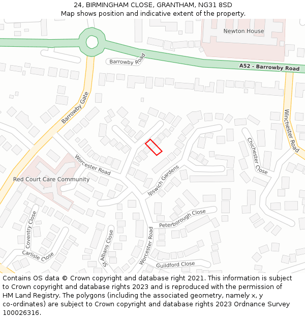 24, BIRMINGHAM CLOSE, GRANTHAM, NG31 8SD: Location map and indicative extent of plot