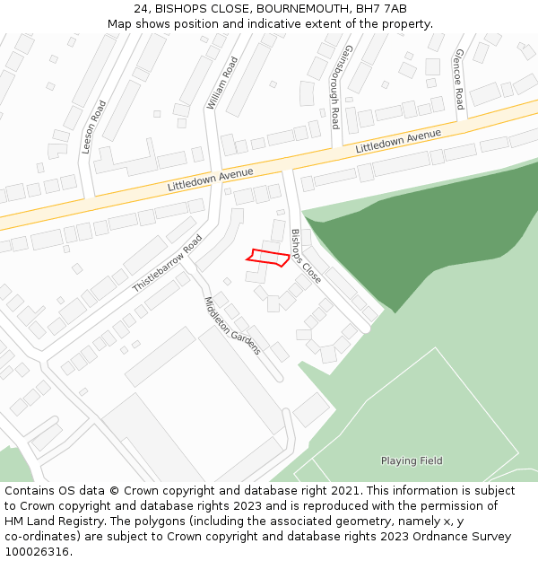 24, BISHOPS CLOSE, BOURNEMOUTH, BH7 7AB: Location map and indicative extent of plot
