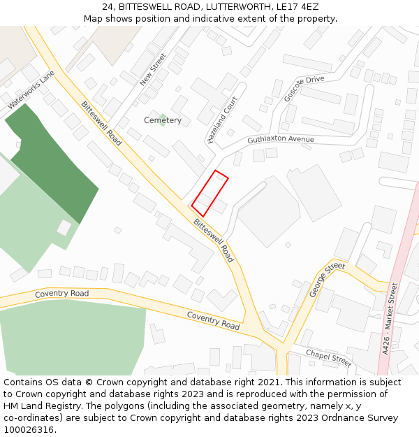 24, BITTESWELL ROAD, LUTTERWORTH, LE17 4EZ: Location map and indicative extent of plot