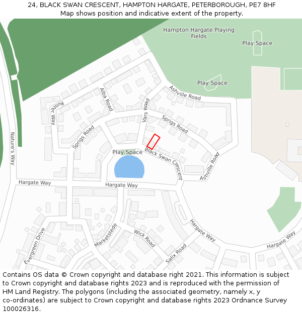 24, BLACK SWAN CRESCENT, HAMPTON HARGATE, PETERBOROUGH, PE7 8HF: Location map and indicative extent of plot