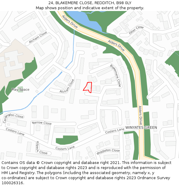 24, BLAKEMERE CLOSE, REDDITCH, B98 0LY: Location map and indicative extent of plot