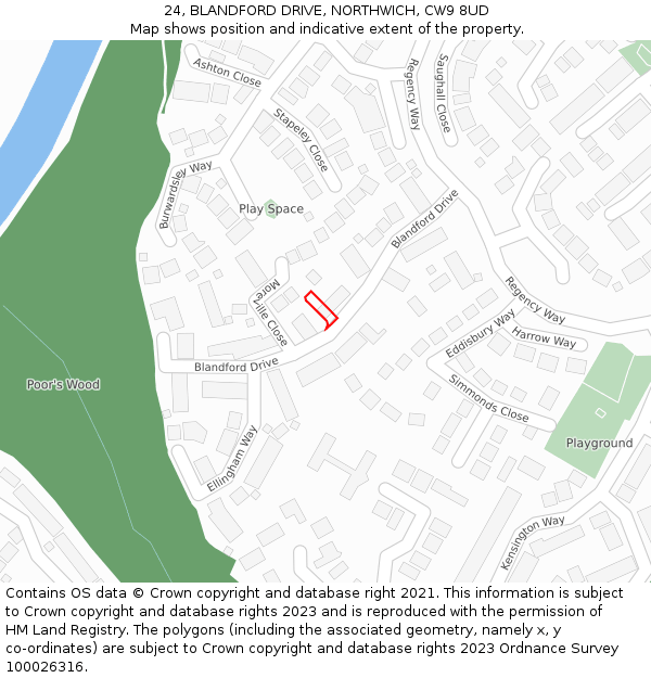 24, BLANDFORD DRIVE, NORTHWICH, CW9 8UD: Location map and indicative extent of plot