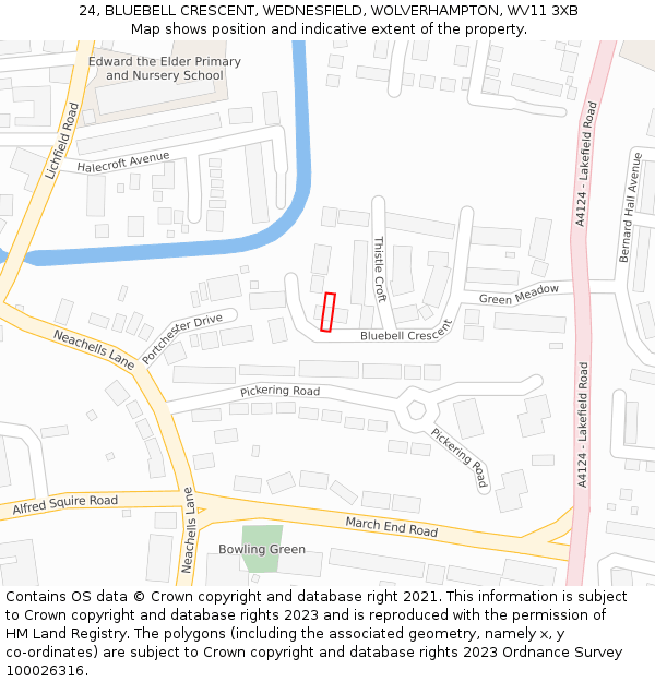 24, BLUEBELL CRESCENT, WEDNESFIELD, WOLVERHAMPTON, WV11 3XB: Location map and indicative extent of plot