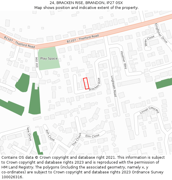 24, BRACKEN RISE, BRANDON, IP27 0SX: Location map and indicative extent of plot