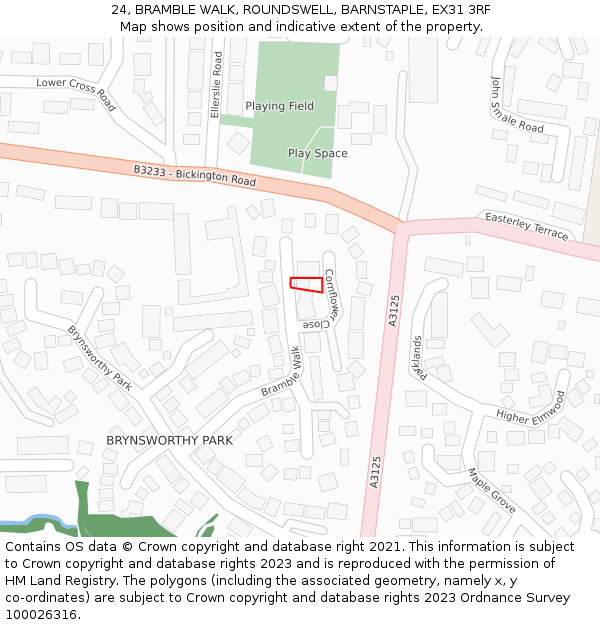 24, BRAMBLE WALK, ROUNDSWELL, BARNSTAPLE, EX31 3RF: Location map and indicative extent of plot